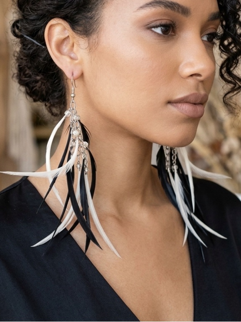 Handmade Black White Feather Earrings Boho Long Statement Dangle